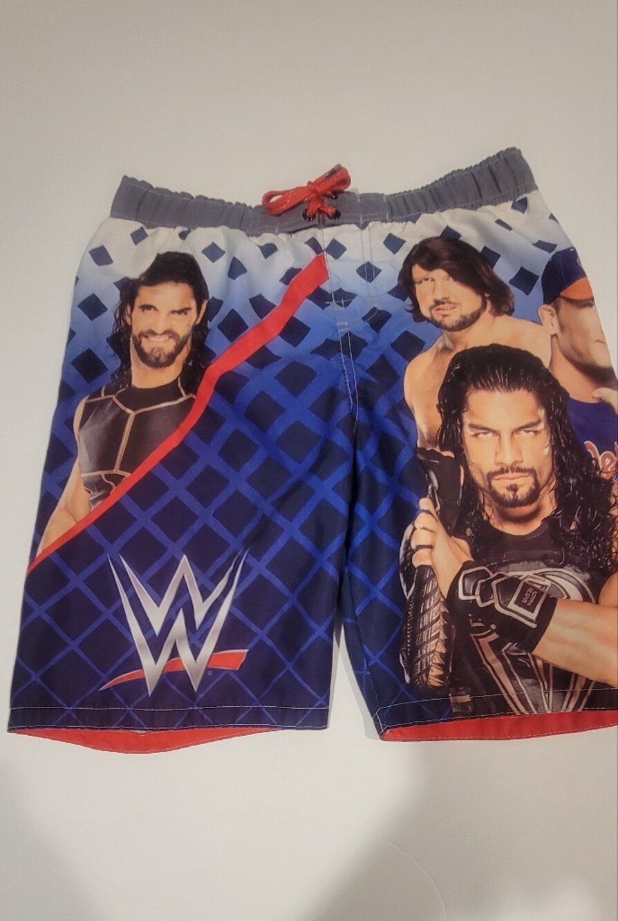 Size 10/12 Like New WWE Boys Swim Shorts in Blue with Red Trim